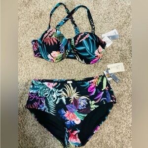 Terra & Sky Black Tropical-Print Underwire Bikini set